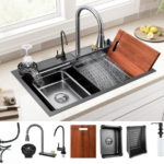 Ammu's Multifunction Kitchen Sink with Anti-Scratch Honeycomb Design, Integrated Waterfall and Pull-down Faucet, 304 Polished Stainless Steel, All In One Sink For Kitchen (Black)