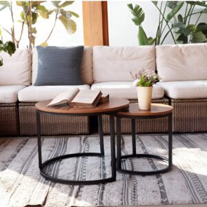 Ammu's Gold Metal Frame Modern Coffee Table Set 2 Piece, MDF Faux Marble Top Nesting Center Table Elegant/Glossy Stacking Tea Tablcee Modernity to Any Living Room. (Walnut & Black)