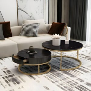 Ammu's Modern Round Coffee Tables Marbled Laminated Stackable Center Table with 1 Drawer Storage for Living Room Bedroom (Black Gold)